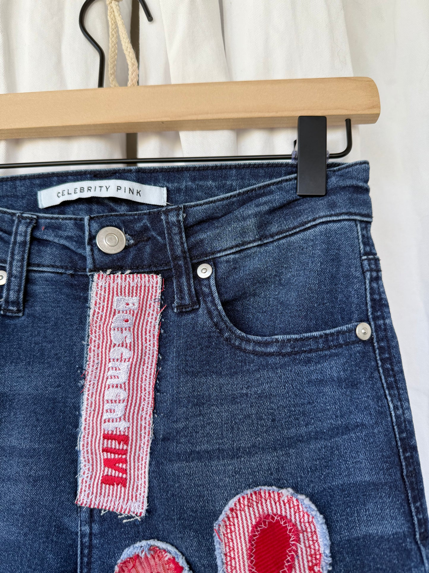 Denim Bell Bottom Jeans with Pink & Red Flower Design (size 00)