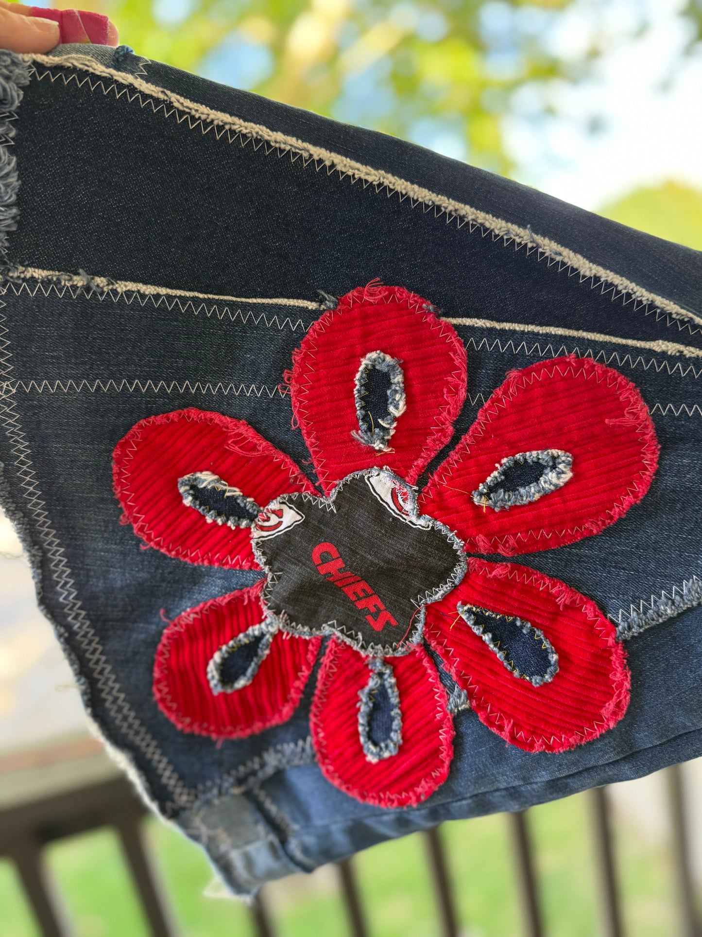 Chiefs Bell Bottom Jeans (size 6) – Red Flower Appliqué