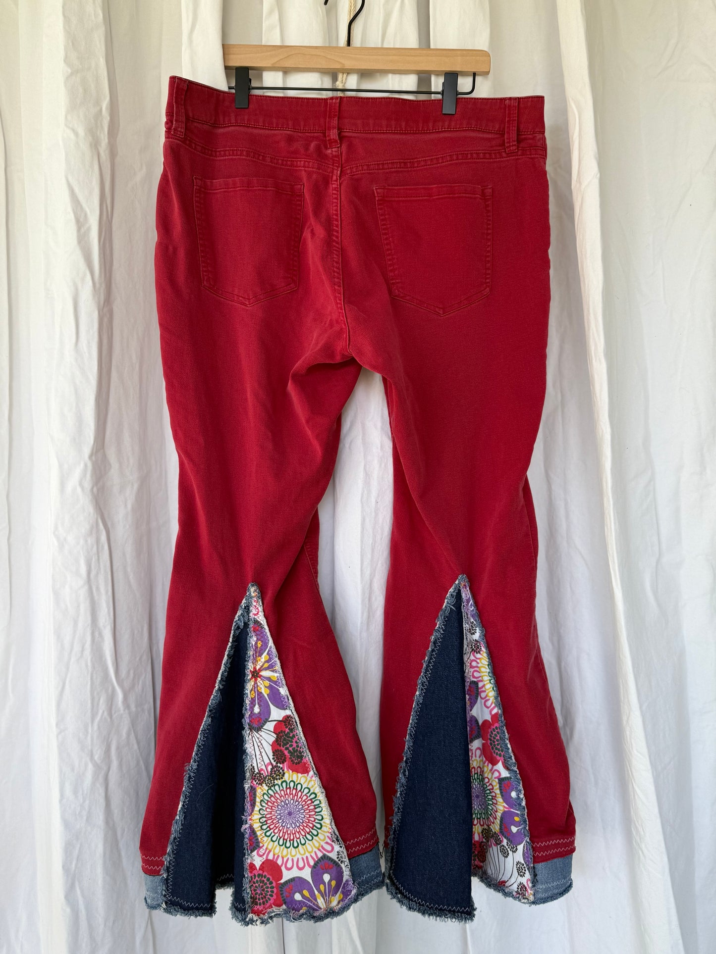 Red Bell Bottom Jeans (size 16) – Colorful Floral Patchwork Flare