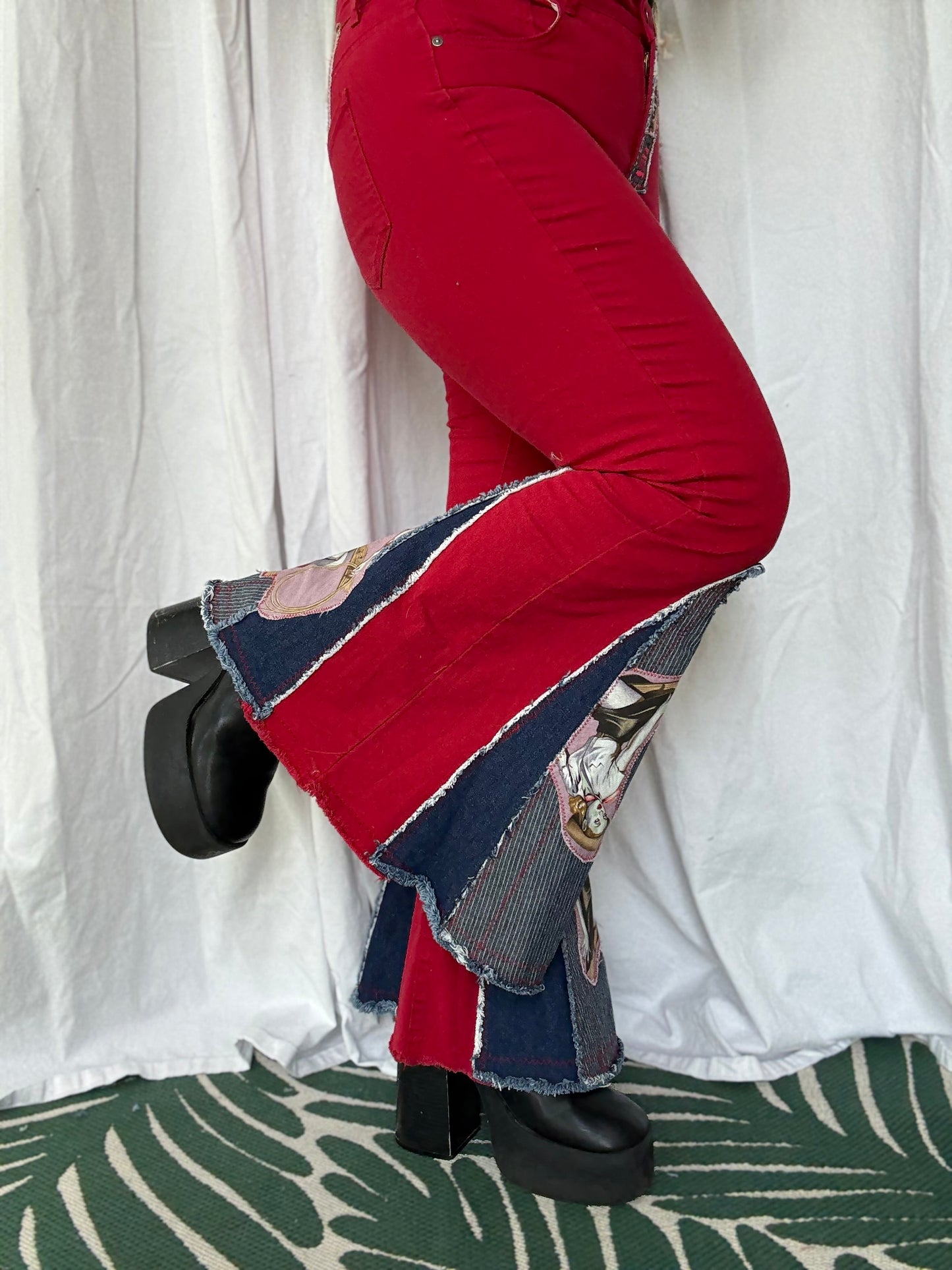 Vintage Zombie Cowgirl Upcycled Bell Bottom Jeans (size 6)– Red Western Flare Pants