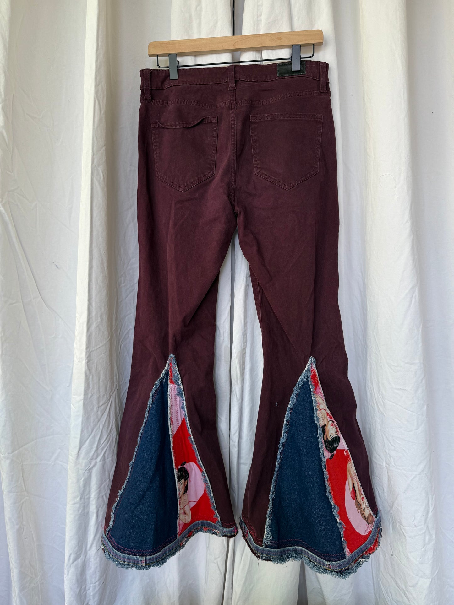 Burgundy Pin-Up Bell Bottom Jeans (size 8)– Retro Glam Statement Pants