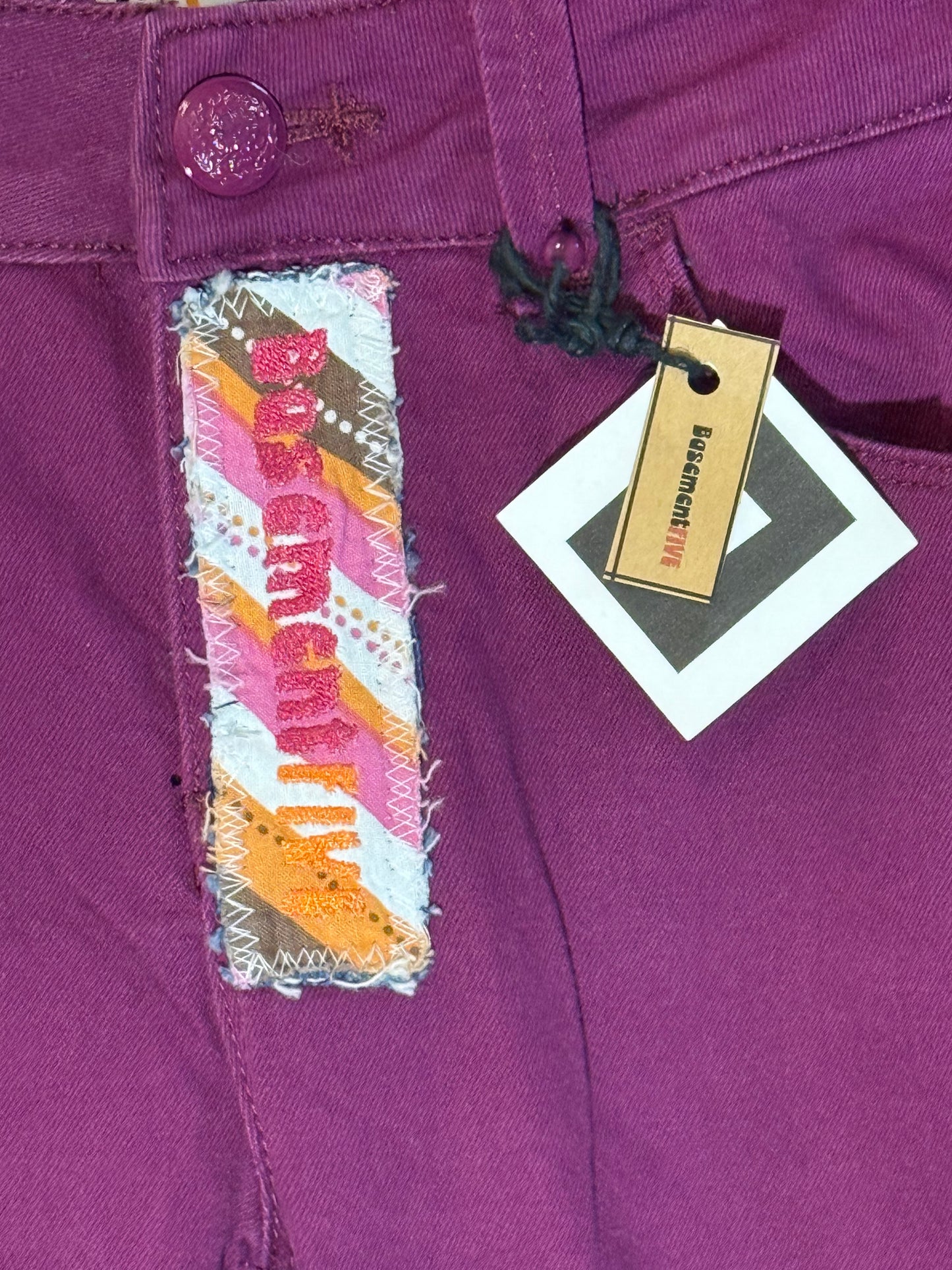 Upcycled Purple Lee Rider Bell Bottom Jeans – Size 6 – Flare Pants with Diagonal Insert – Sustainable Retro Denim