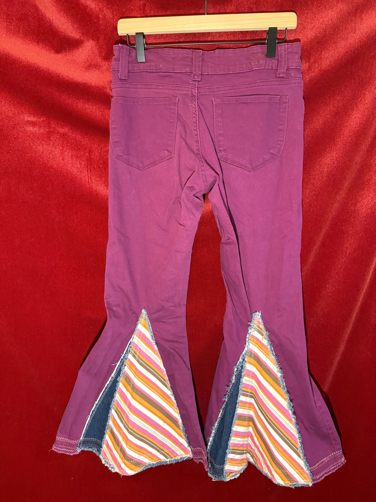 Upcycled Purple Lee Rider Bell Bottom Jeans – Size 6 – Flare Pants with Diagonal Insert – Sustainable Retro Denim