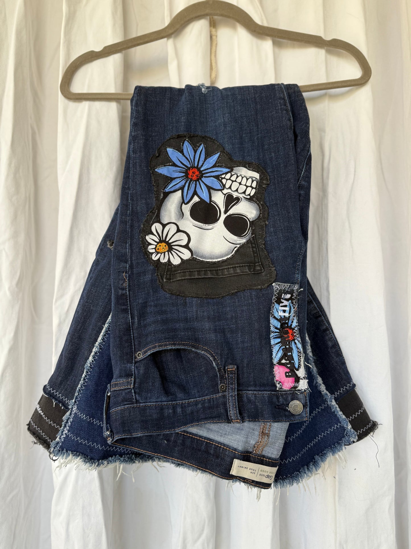 Sugar Skull Star Bell Bottoms – Upcycled Denim Statement Jeans (size 12)