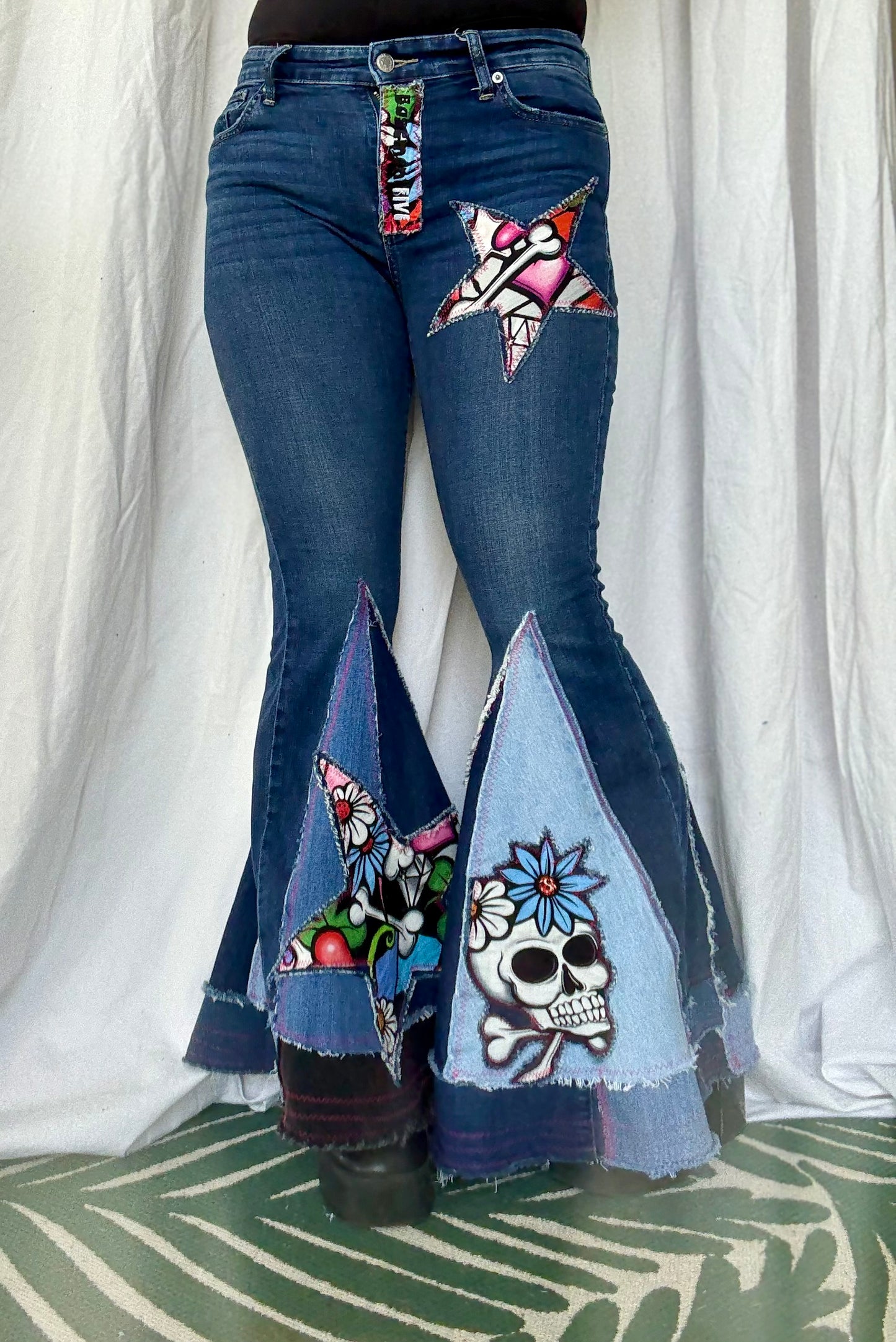 Sugar Skull Star Bell Bottom Jeans (size 8)