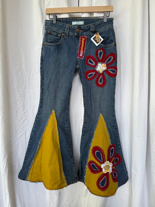 Upcycled 70s Flower Power Bell Bottom Jeans (size 2) – Handmade Retro Flare