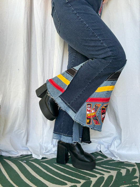 ❤️💛🖤 Upcycled KC Bell Bottom Jeans – Chiefs Inspired Flare Denim (size 14)