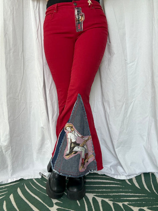 Vintage Zombie Cowgirl Upcycled Bell Bottom Jeans (size 6)– Red Western Flare Pants