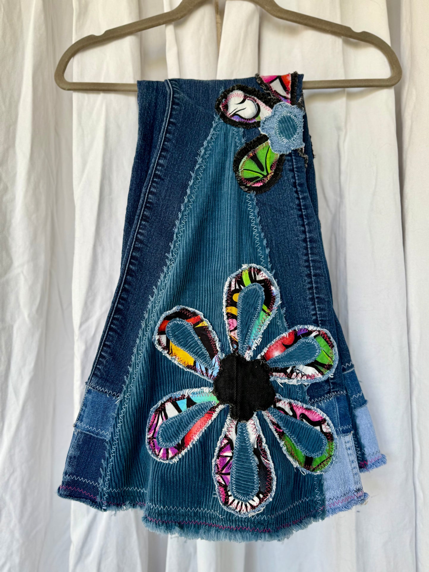 Upcycled Floral Skull Bell Bottom Jeans – Size 4