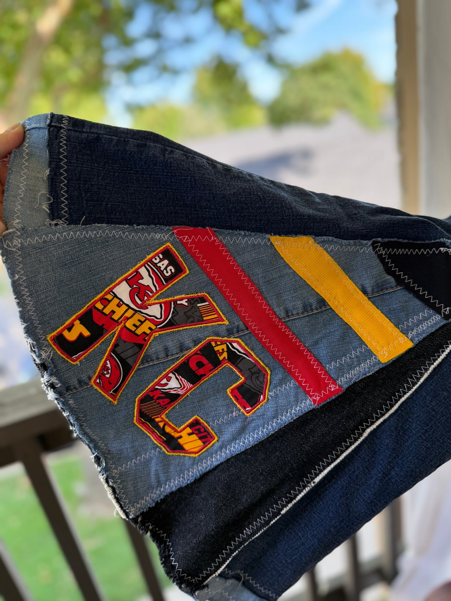❤️💛🖤 Upcycled KC Bell Bottom Jeans – Chiefs Inspired Flare Denim (size 14)