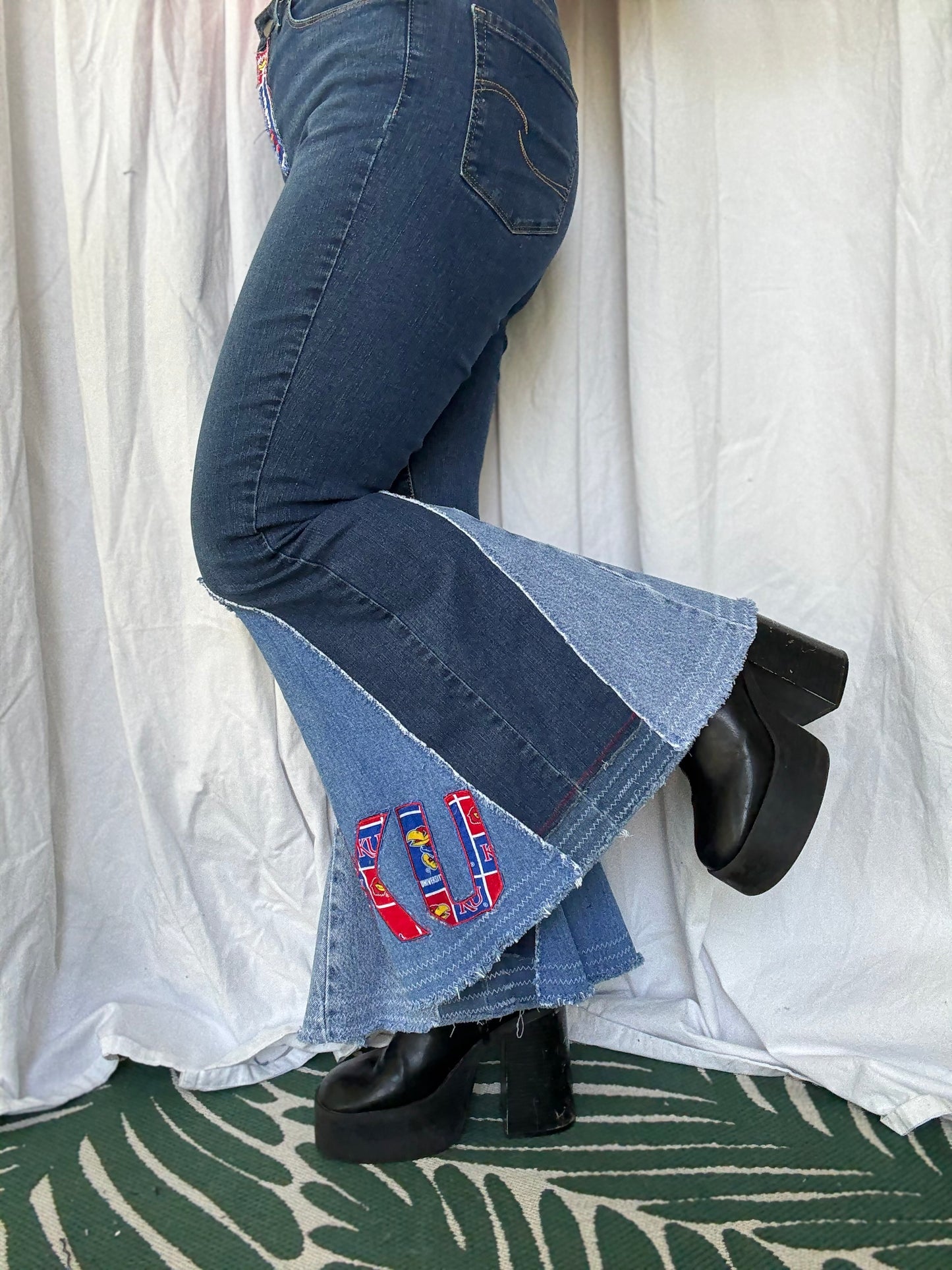KU Jayhawks Bell Bottom Jeans (size 8) – Upcycled Retro Flare