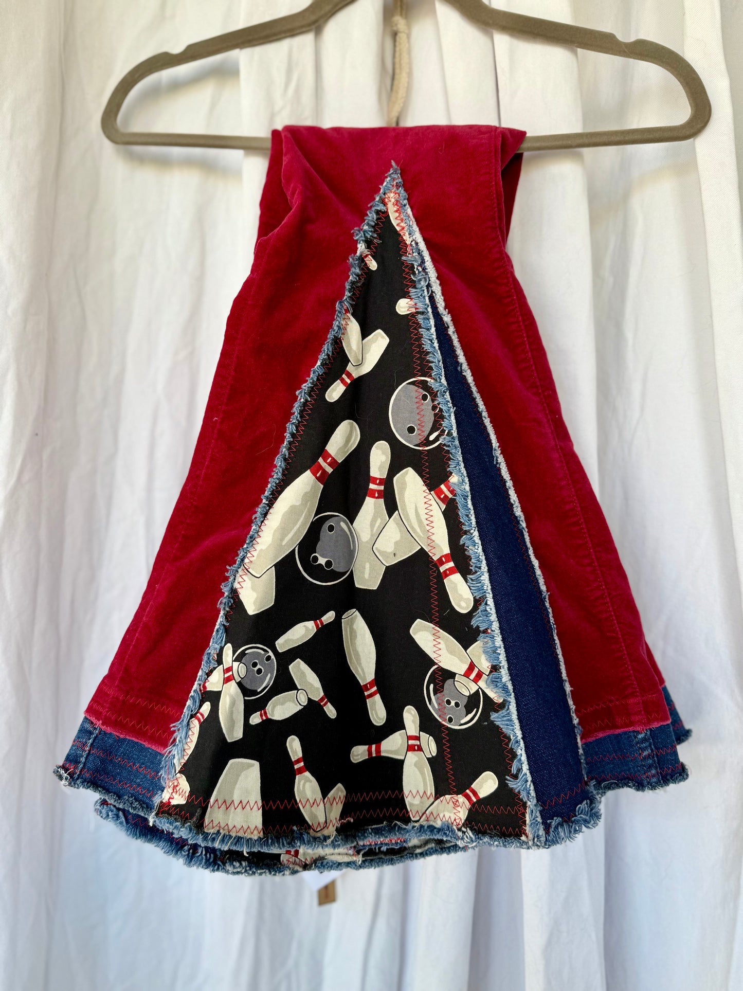 “Bowling Babe” Upcycled Red Velvet Bell Bottoms – Size 0