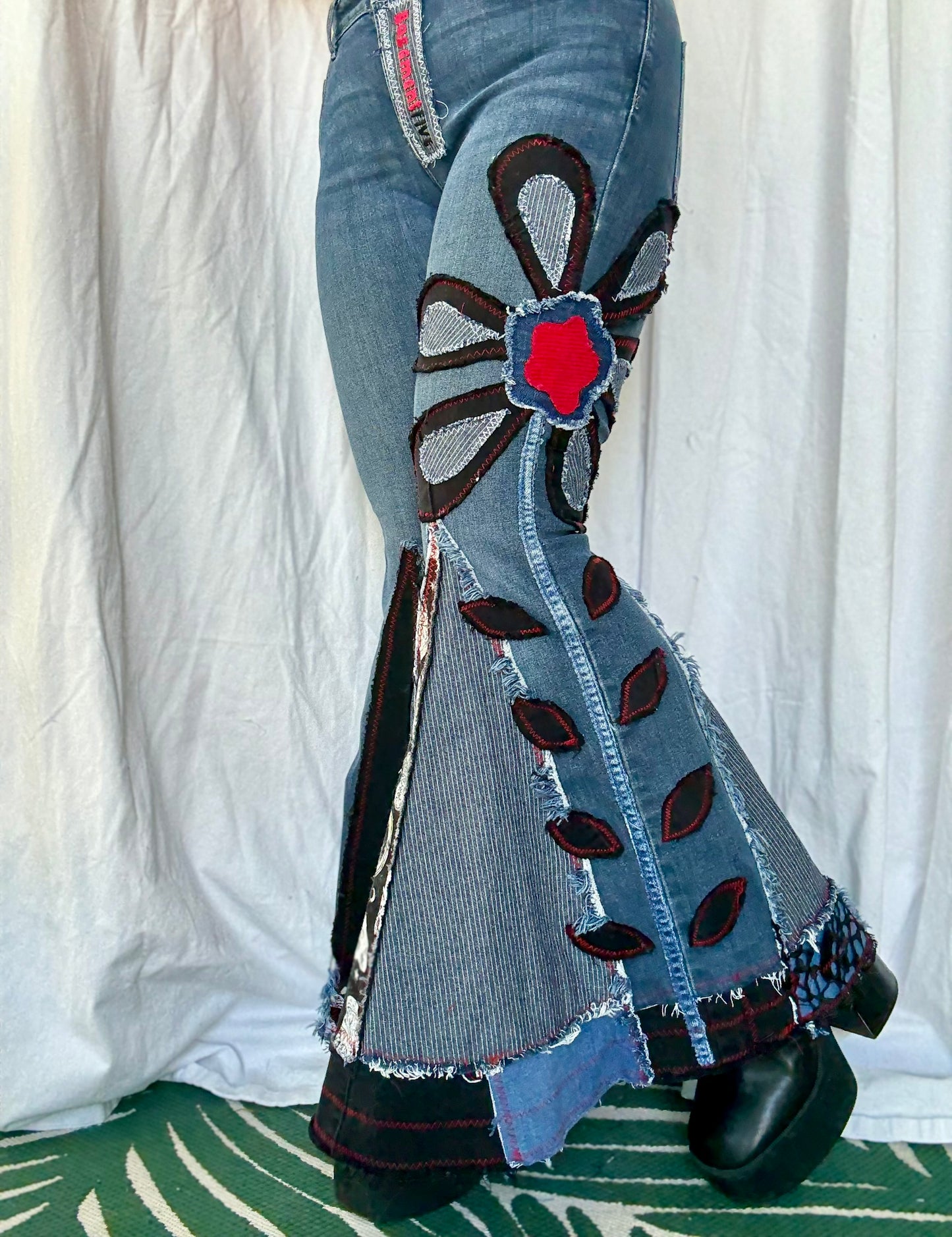 Denim Bell Bottoms – (size 10) Red & Black Floral Patchwork