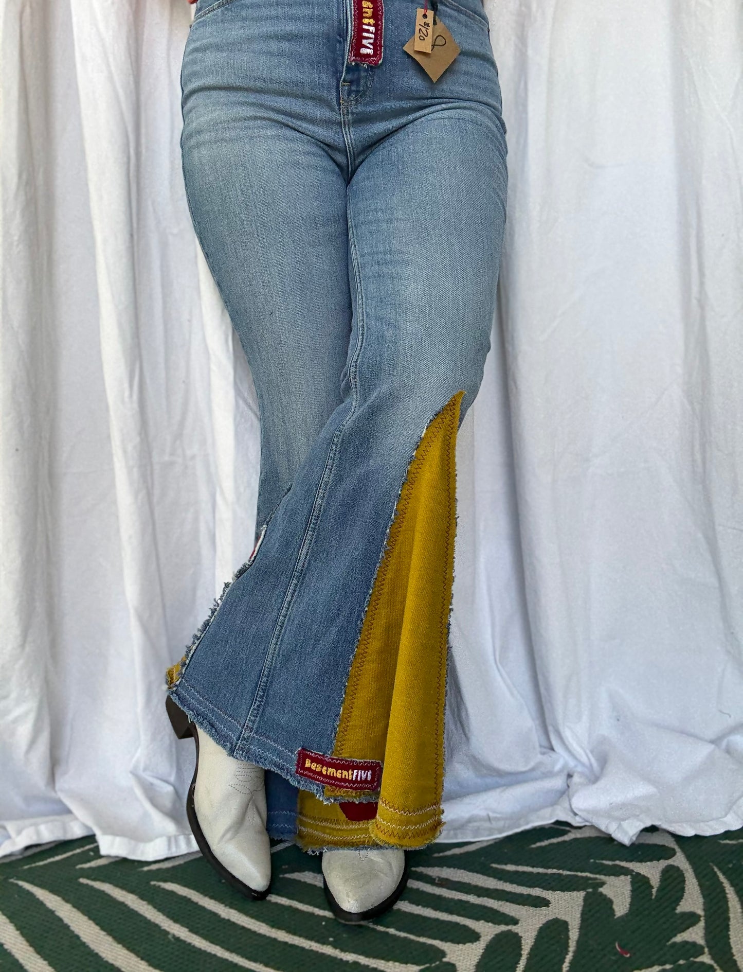 Mustard & Burgundy Flower Power Bell Bottom Jeans (size 8)