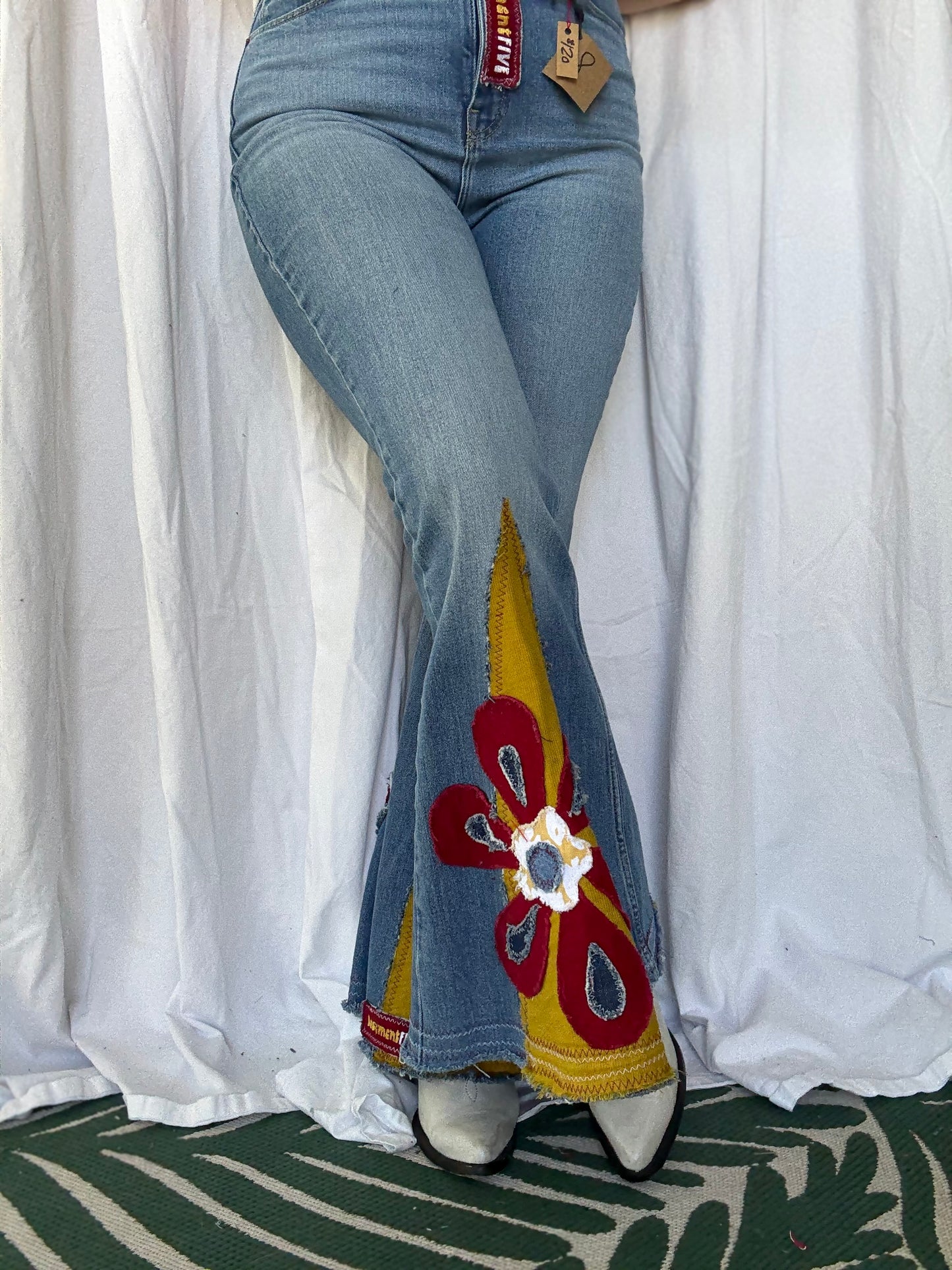 Mustard & Burgundy Flower Power Bell Bottom Jeans (size 8)