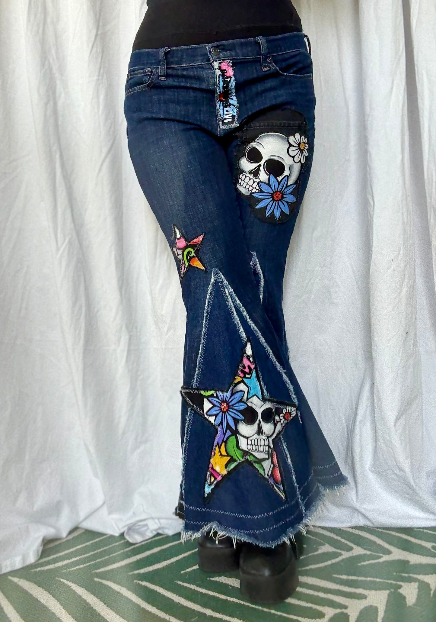 Sugar Skull Star Bell Bottoms – Upcycled Denim Statement Jeans (size 12)