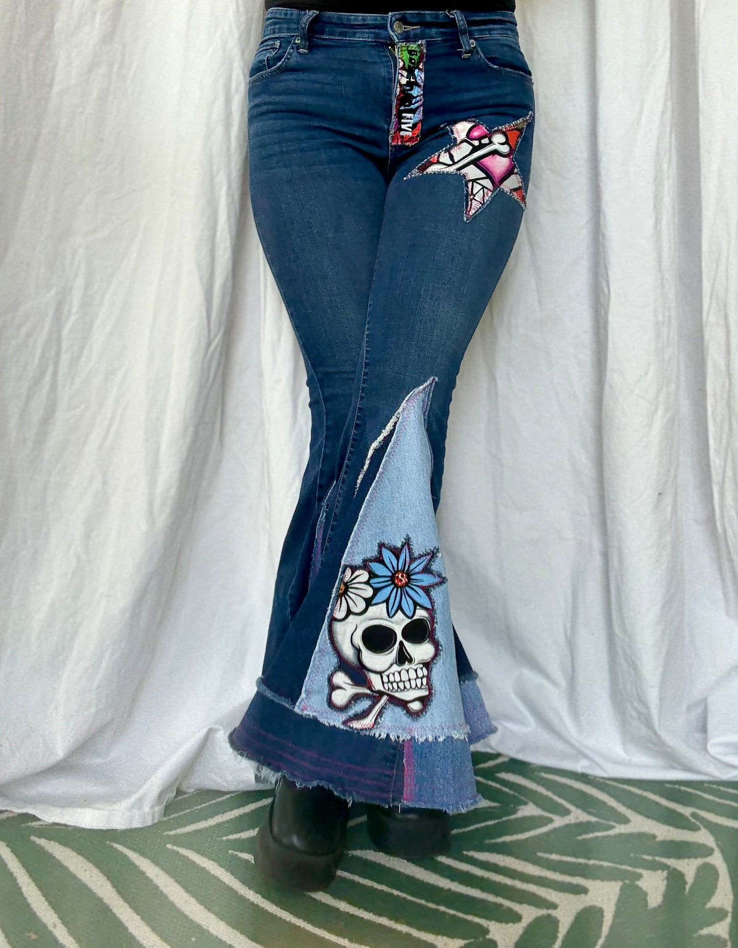 Sugar Skull Star Bell Bottom Jeans (size 8)