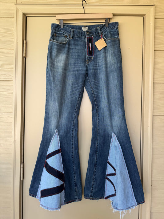 Upcycled Denim Bell-Bottoms — “Indigo Stripes” (Men’s 33x34)