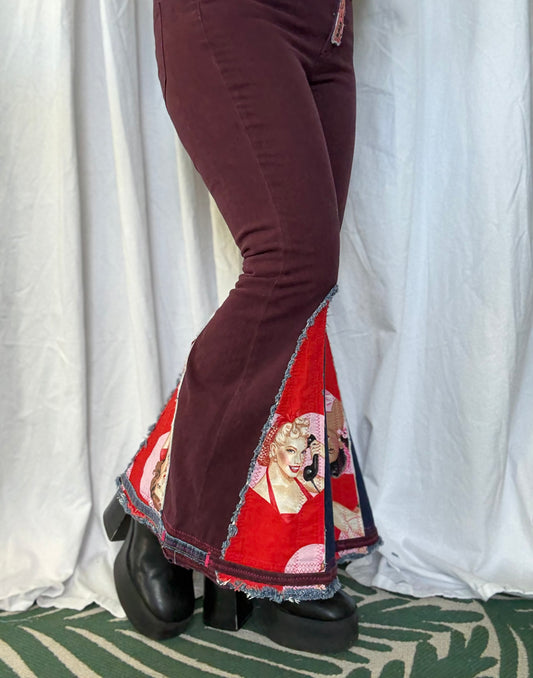Burgundy Pin-Up Bell Bottom Jeans (size 8)– Retro Glam Statement Pants