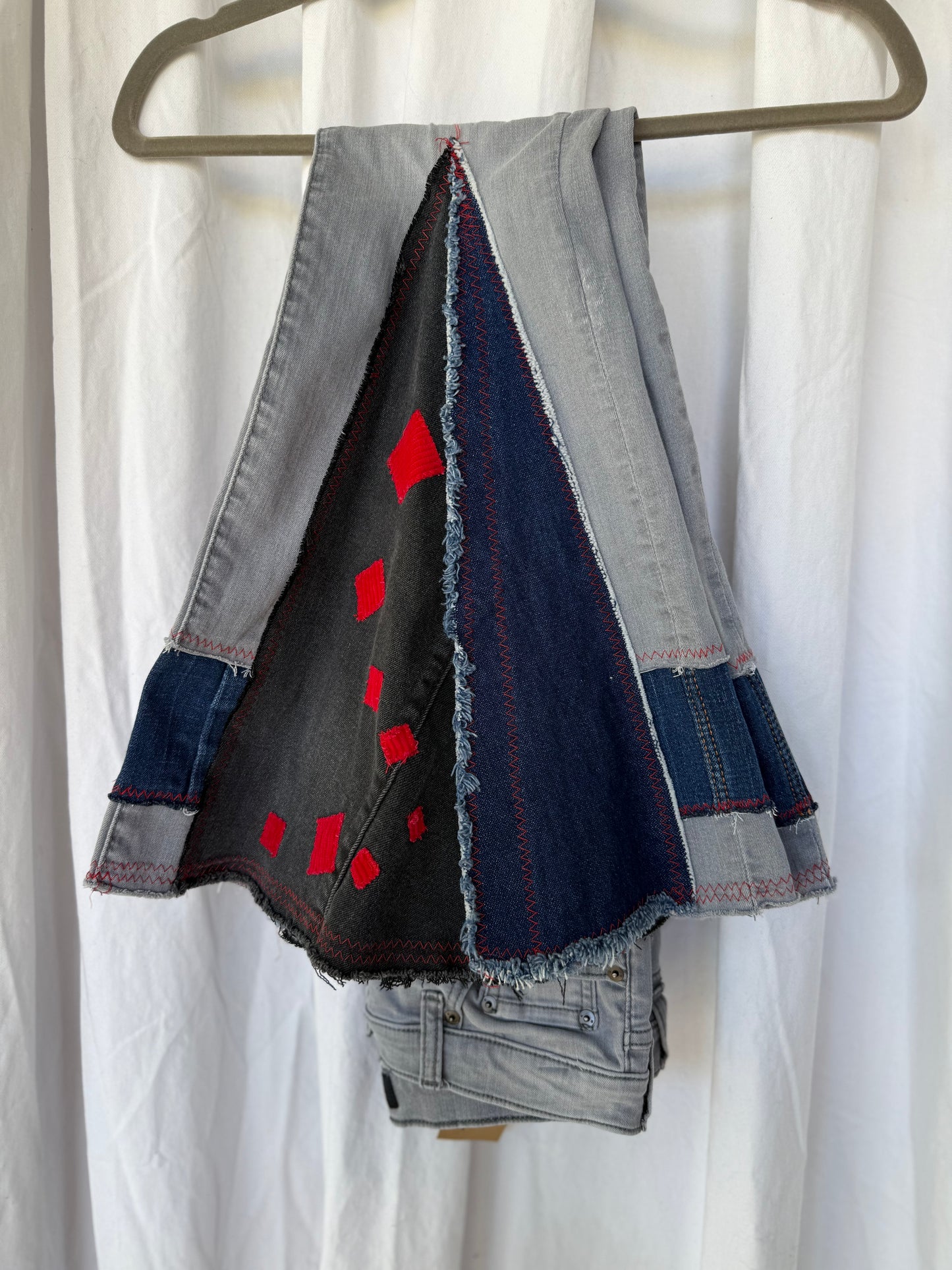 Gray Bell Bottom Jeans (size 4) – Black & Red Patchwork Flare