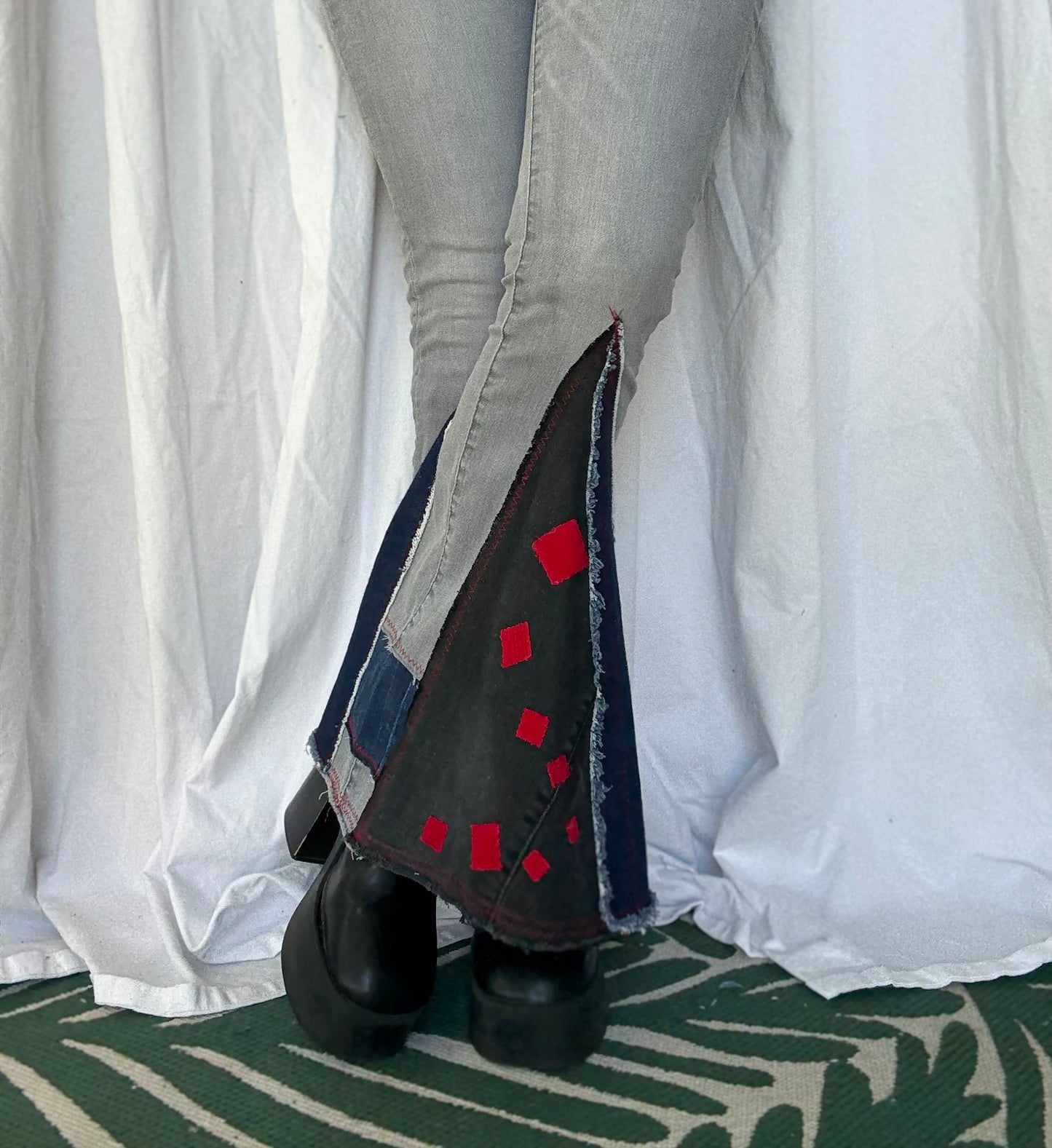 Gray Bell Bottom Jeans (size 4) – Black & Red Patchwork Flare
