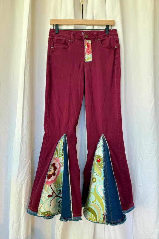 Maroon Bell Bottom Jeans (size 6) – Boho Floral Patchwork Flare