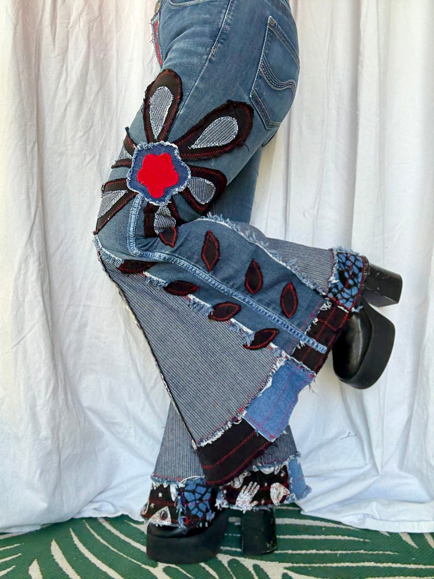 Denim Bell Bottoms – (size 10) Red & Black Floral Patchwork