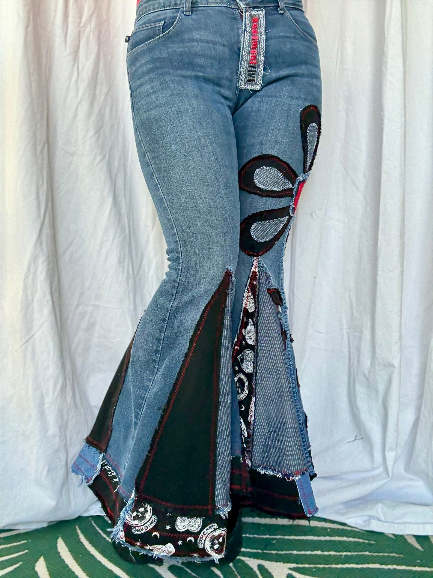 Denim Bell Bottoms – (size 10) Red & Black Floral Patchwork