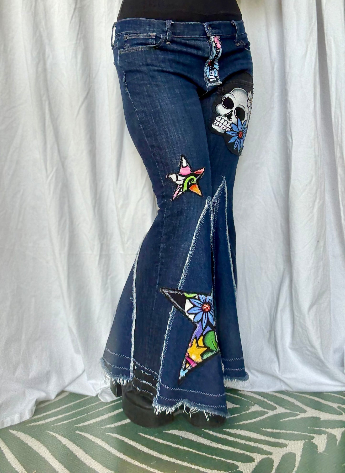 Sugar Skull Star Bell Bottoms – Upcycled Denim Statement Jeans (size 12)