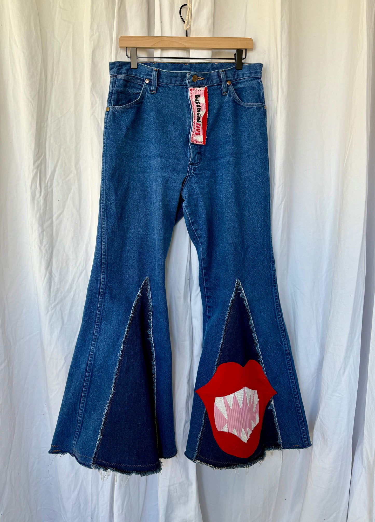 🩸 “Bite Me” Upcycled Denim Bell Bottoms – Size 11