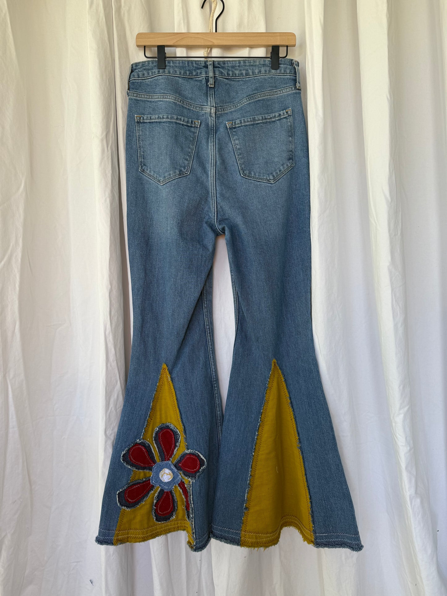 Mustard & Burgundy Flower Power Bell Bottom Jeans (size 8)
