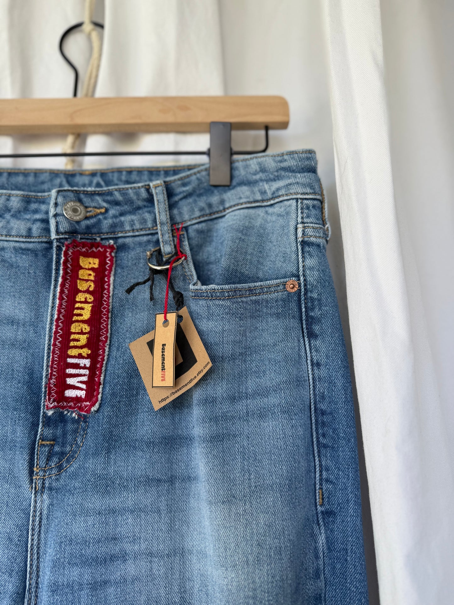 Mustard & Burgundy Flower Power Bell Bottom Jeans (size 8)