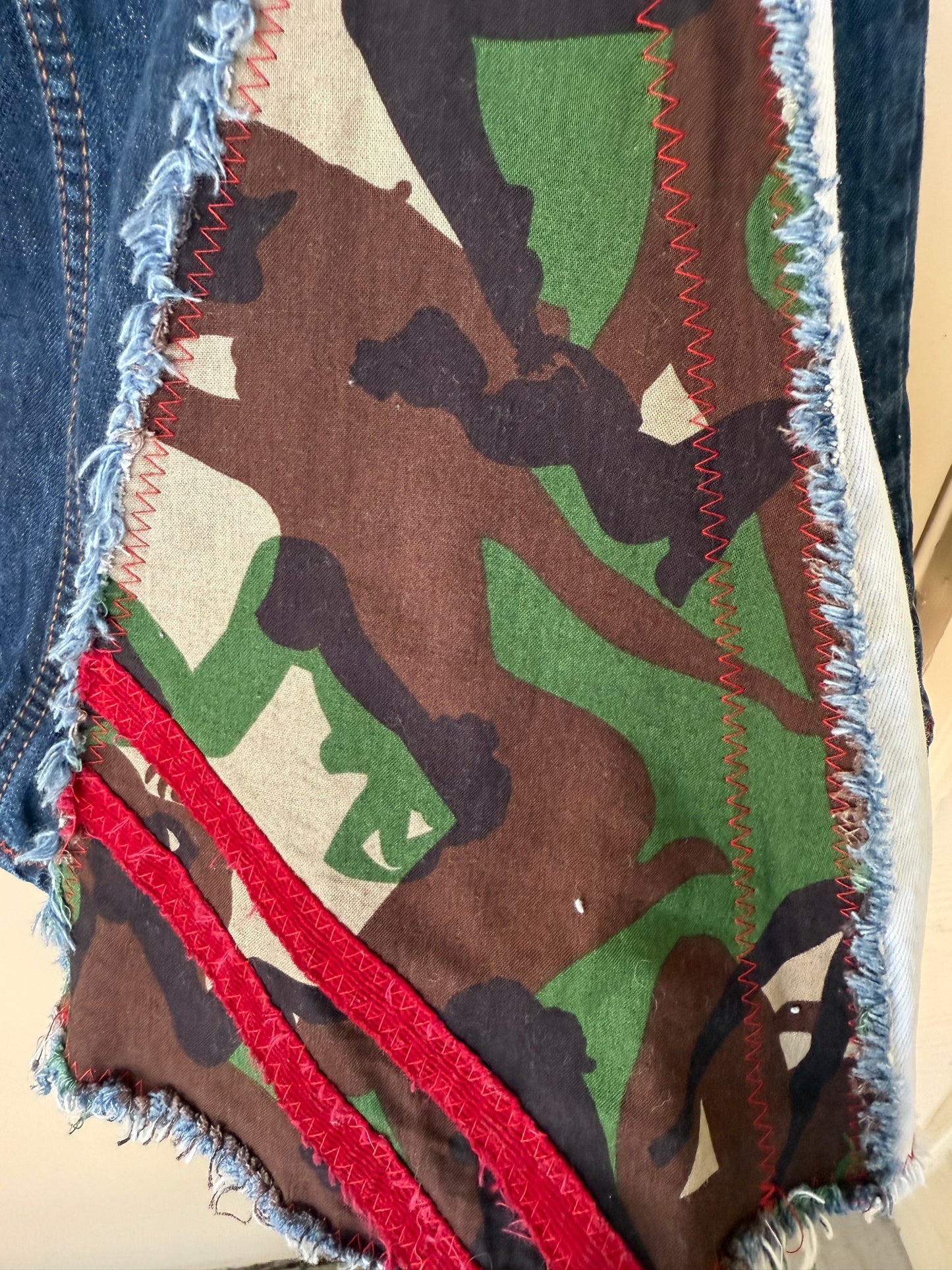 Upcycled Camouflage Insert Bell Bottom Jeans – One-of-a-Kind Statement Denim (Arizona jeans 32x32)