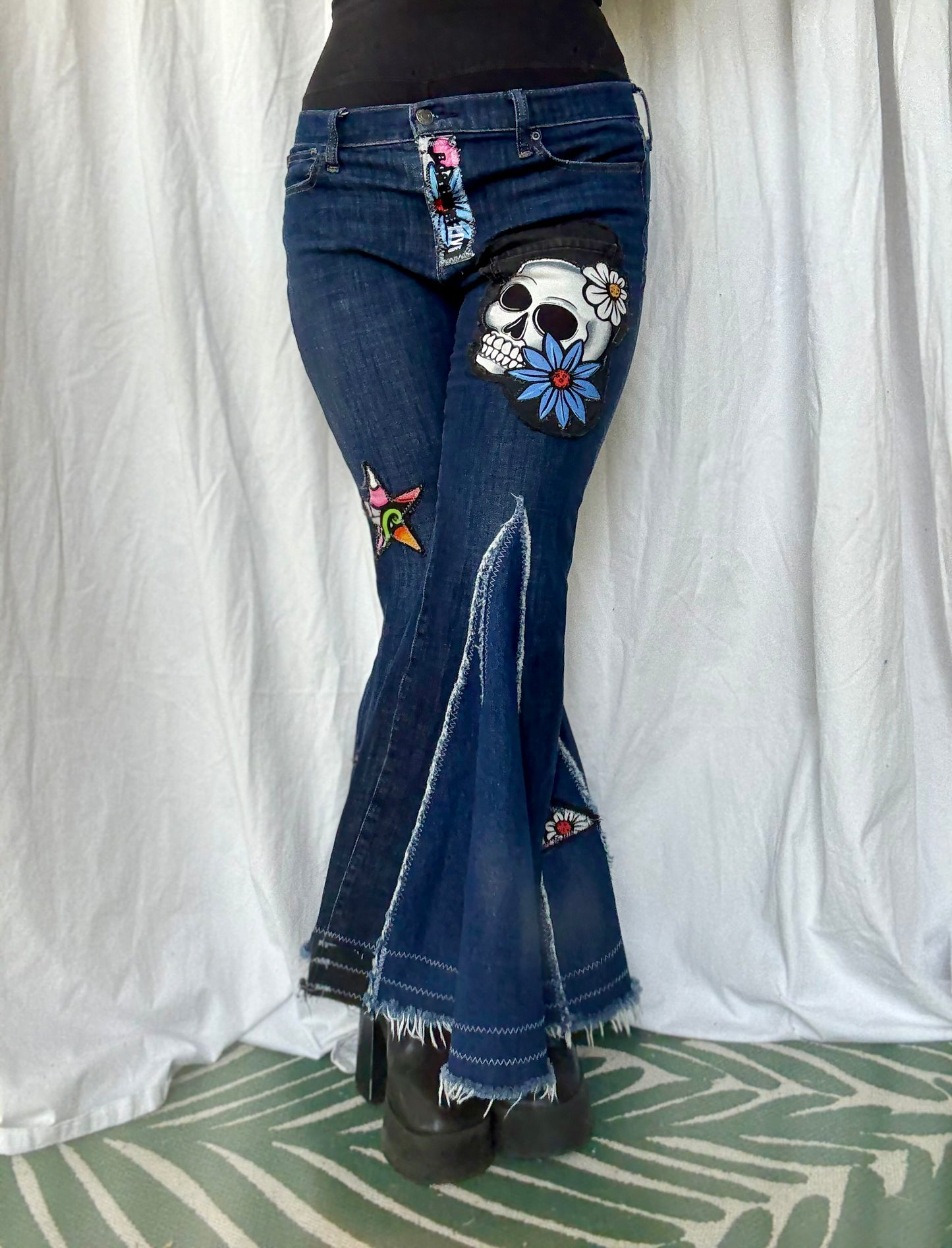 Sugar Skull Star Bell Bottoms – Upcycled Denim Statement Jeans (size 12)