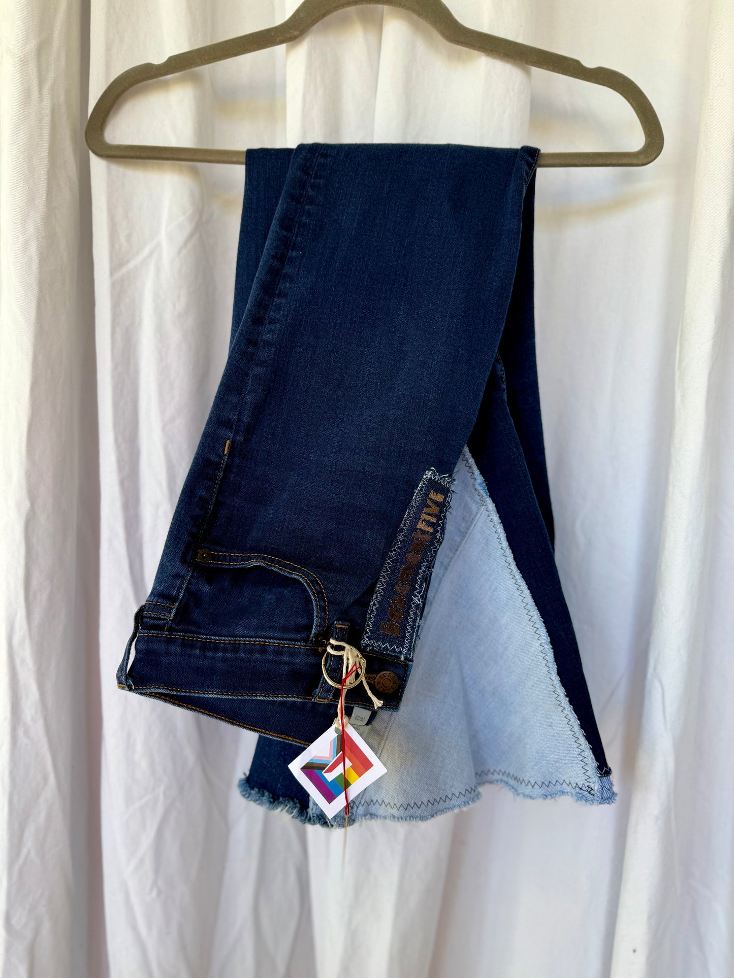 Denim-on-Denim Bell Bottom Jeans – Upcycled Two-Tone Flare with Frayed Seams | Vintage Inspired Boho Jeans (size 4)