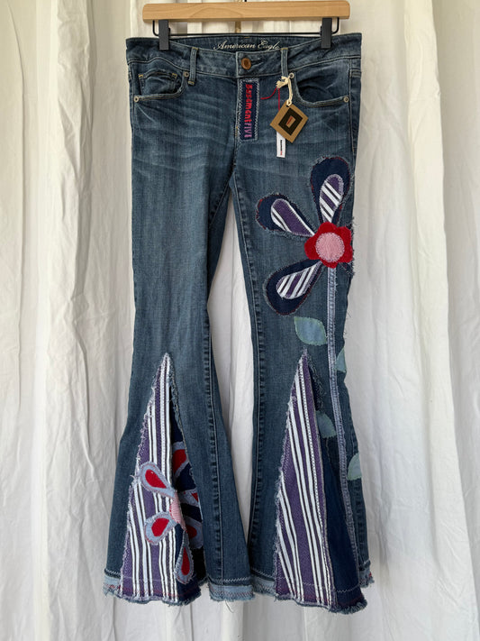 Striped Bell Bottom Jeans (size 6)– Retro Floral Appliqué