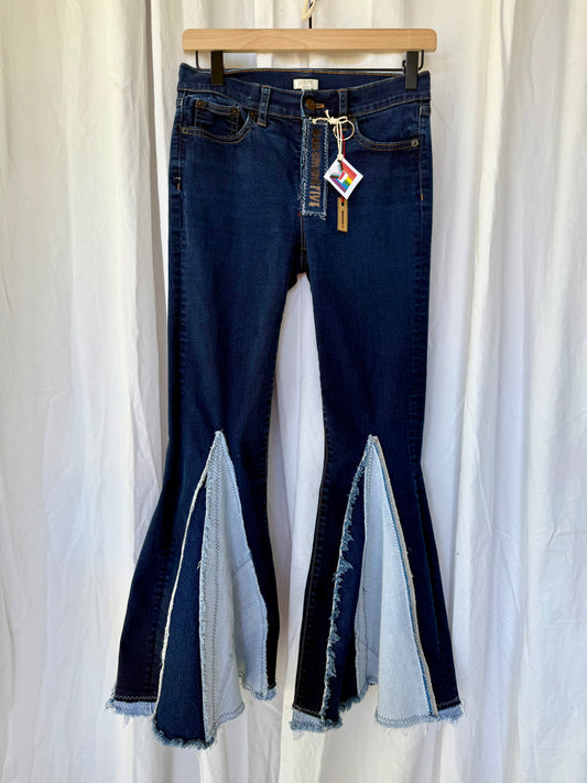 Denim-on-Denim Bell Bottom Jeans – Upcycled Two-Tone Flare with Frayed Seams | Vintage Inspired Boho Jeans (size 4)