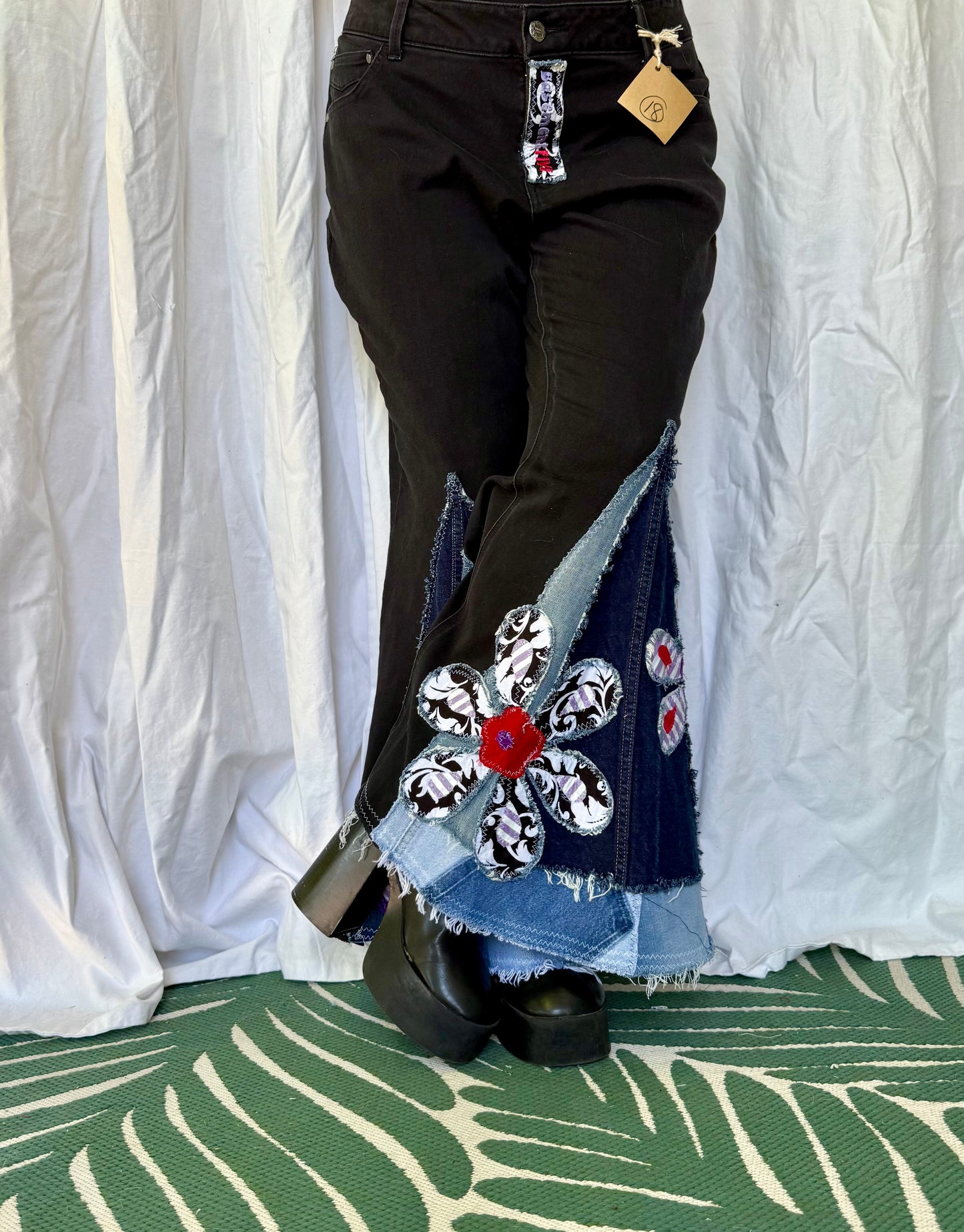 Midnight Bloom Upcycled Bell Bottoms (Size 18)
