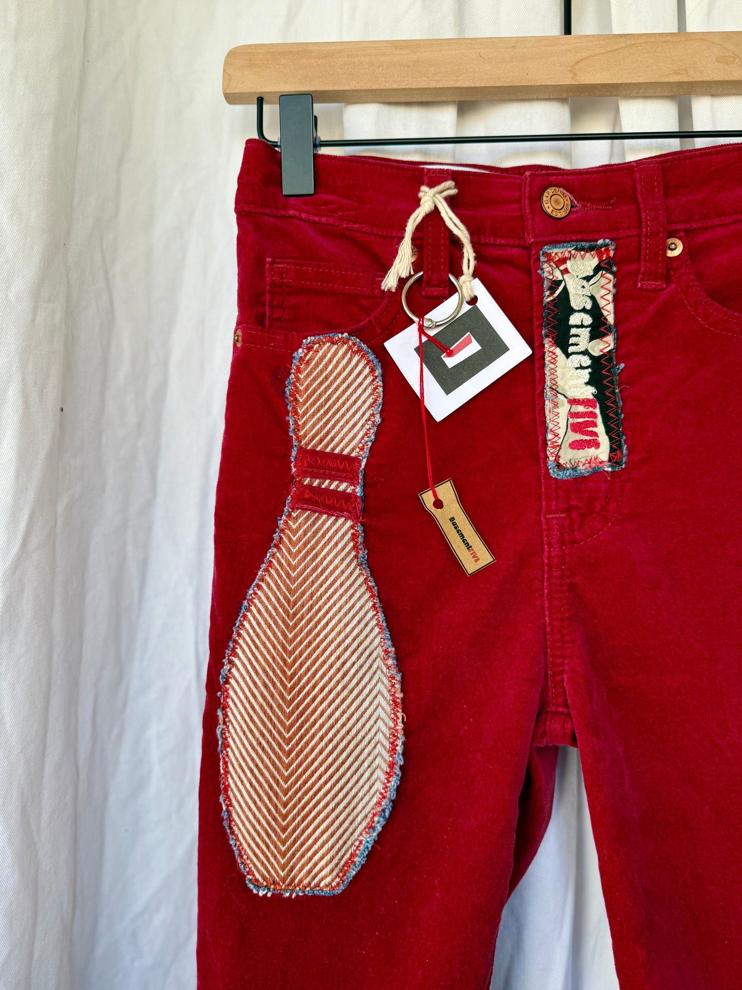 “Bowling Babe” Upcycled Red Velvet Bell Bottoms – Size 0