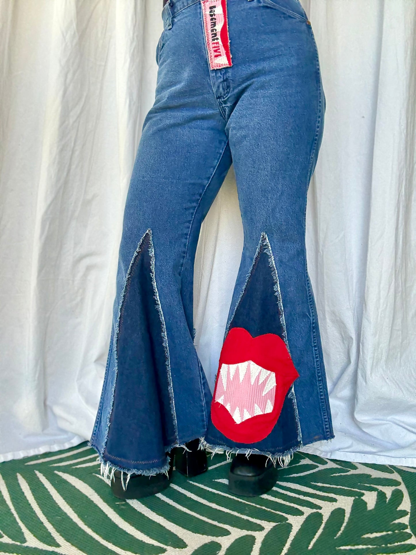 🩸 “Bite Me” Upcycled Denim Bell Bottoms – Size 11