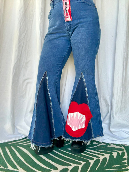 🩸 “Bite Me” Upcycled Denim Bell Bottoms – Size 11