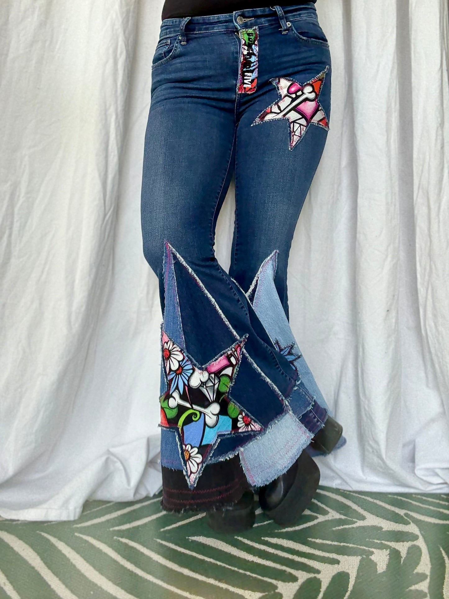 Sugar Skull Star Bell Bottom Jeans (size 8)