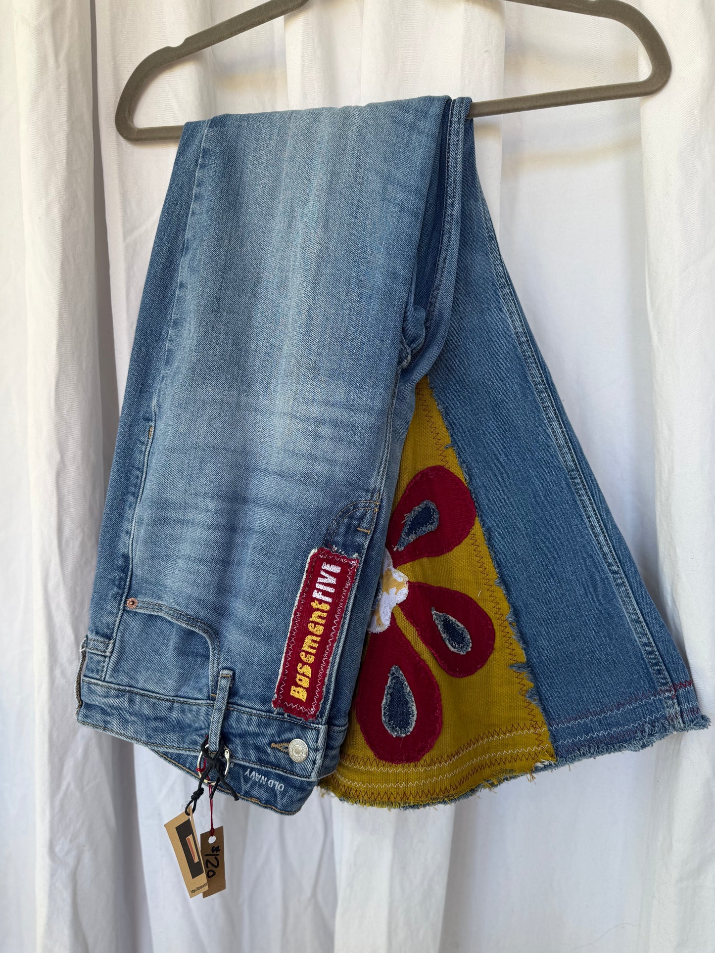 Mustard & Burgundy Flower Power Bell Bottom Jeans (size 8)