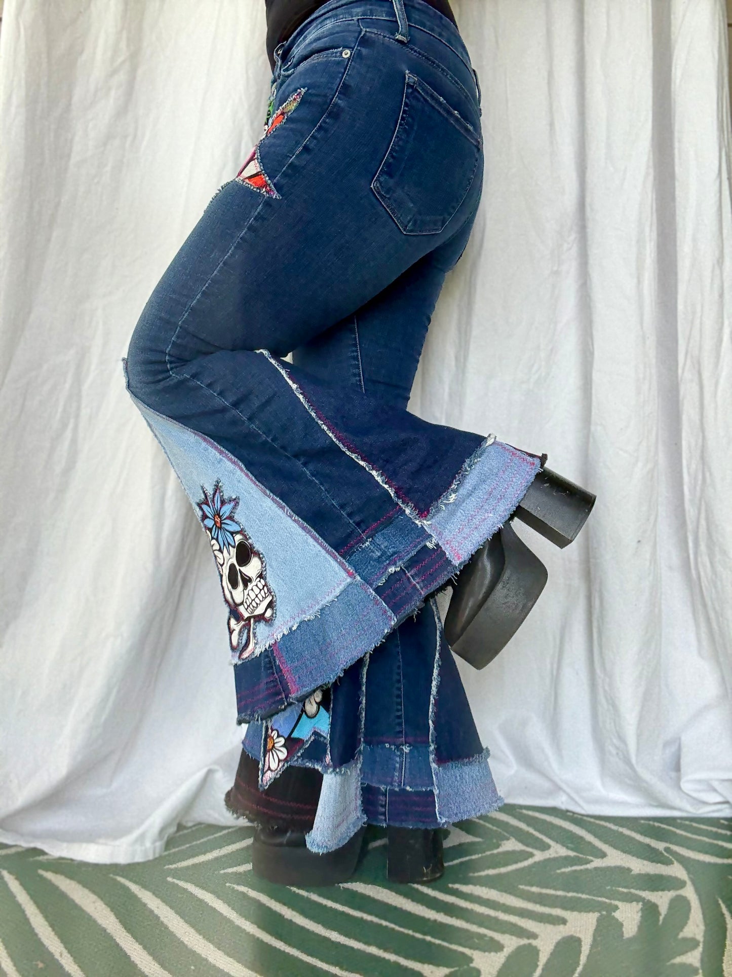 Sugar Skull Star Bell Bottom Jeans (size 8)