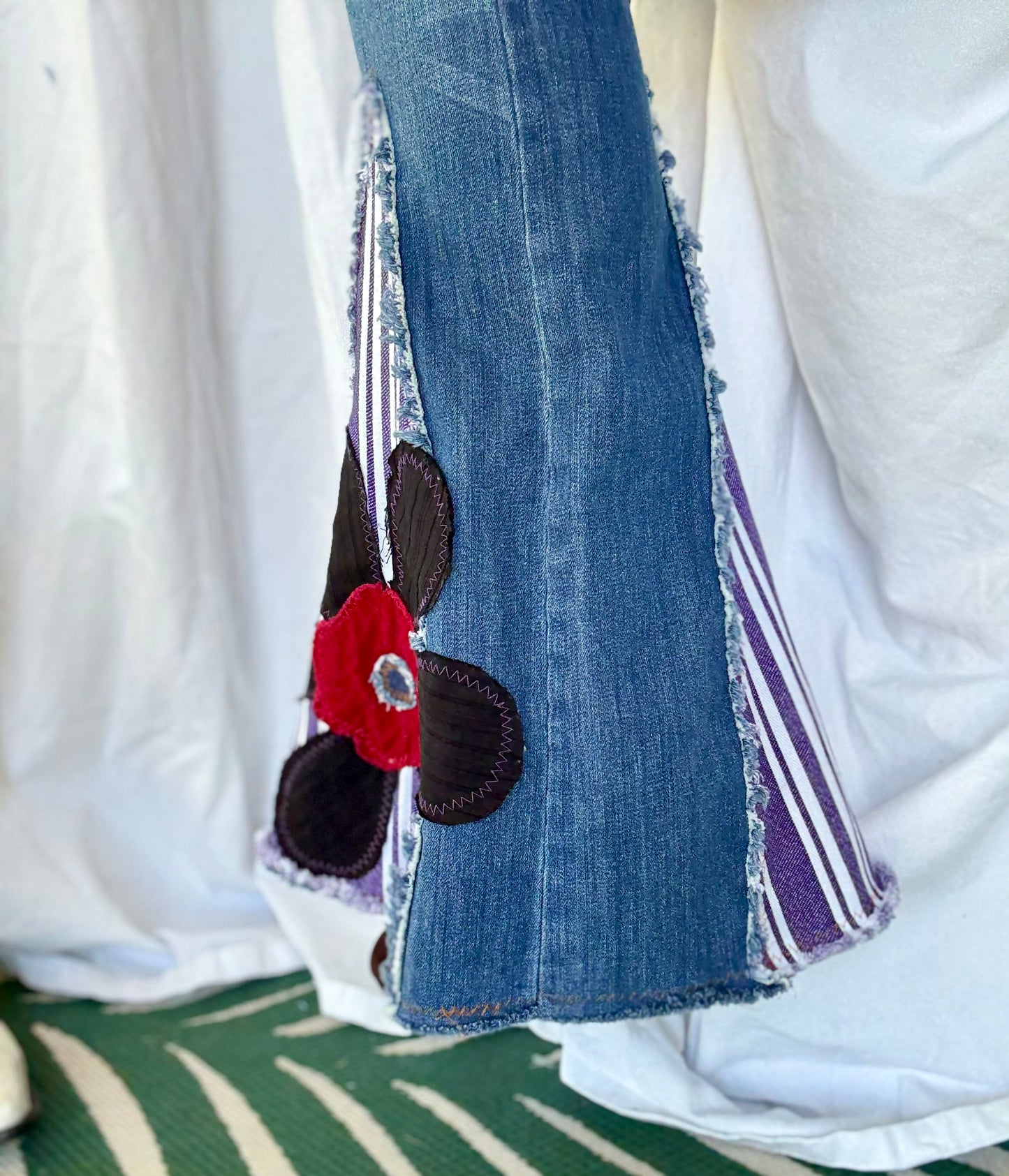 Purple Stripe & Velvet Flower Bell Bottom Jeans (size 4)