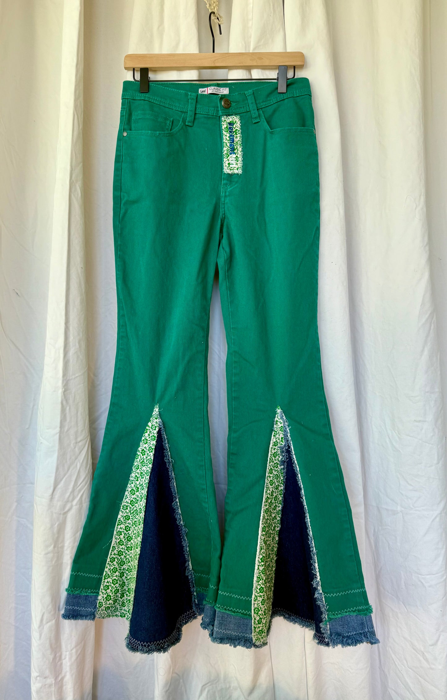 Green Bell Bottom Jeans (size 6) – Floral & Denim Patchwork Flare