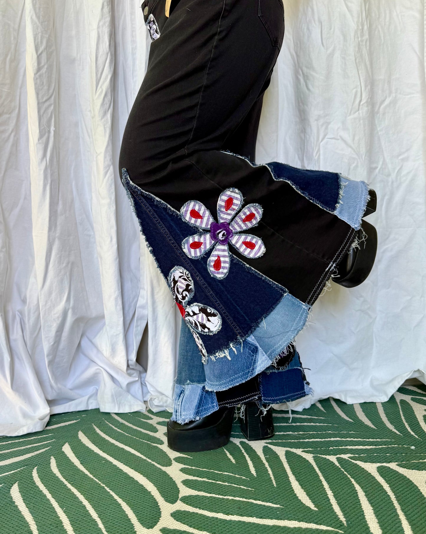 Midnight Bloom Upcycled Bell Bottoms (Size 18)