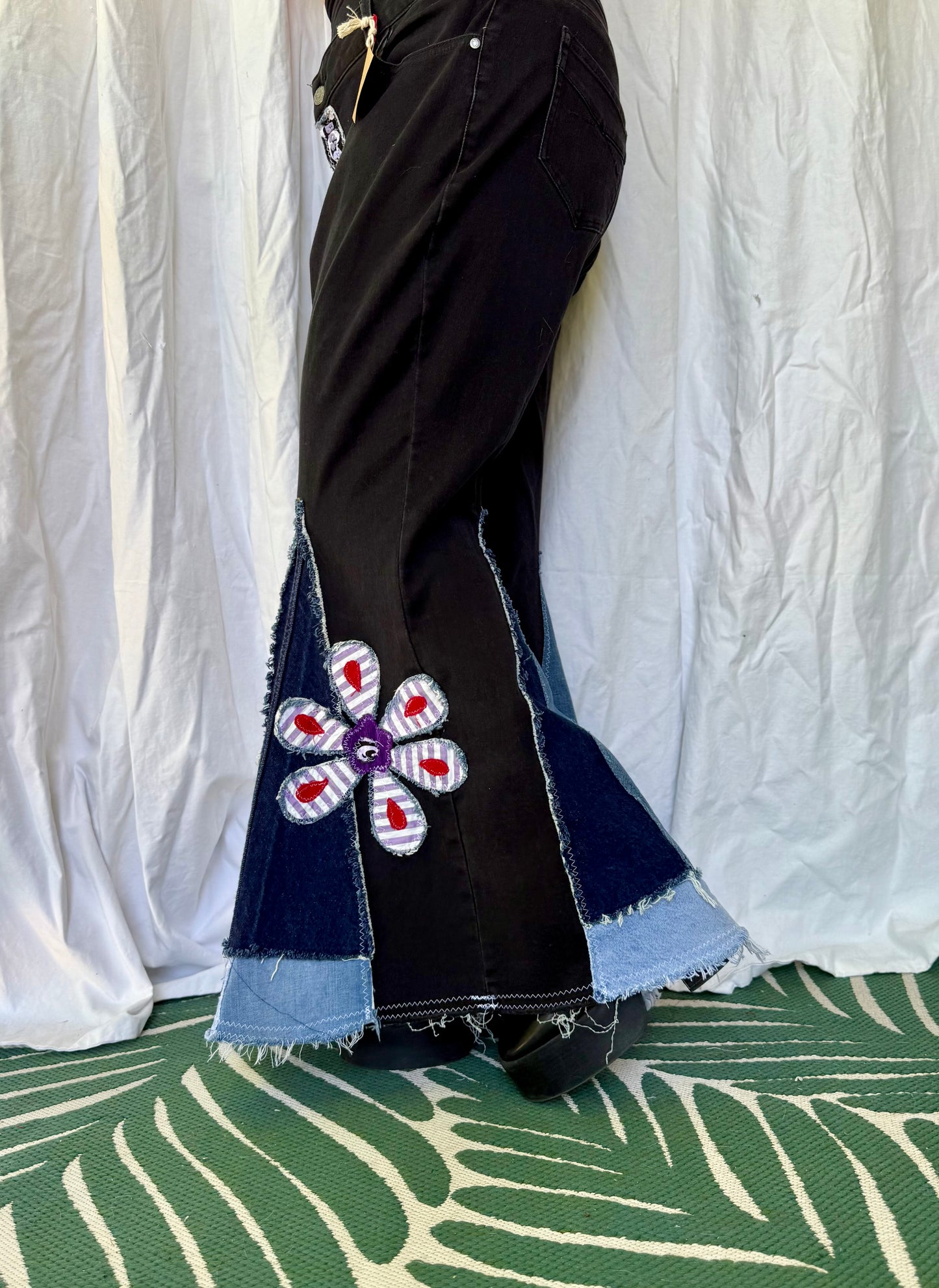 Midnight Bloom Upcycled Bell Bottoms (Size 18)