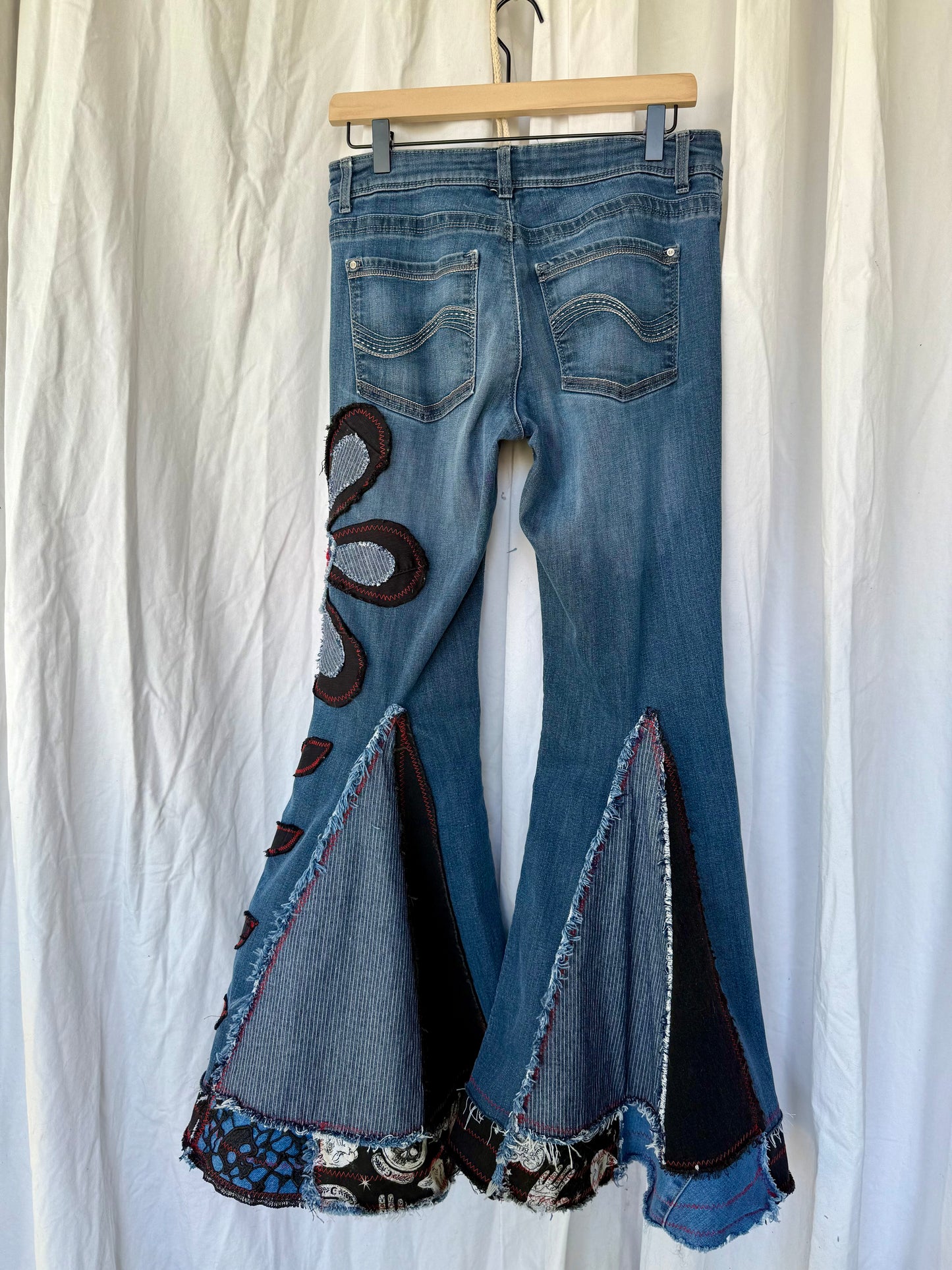 Denim Bell Bottoms – (size 10) Red & Black Floral Patchwork