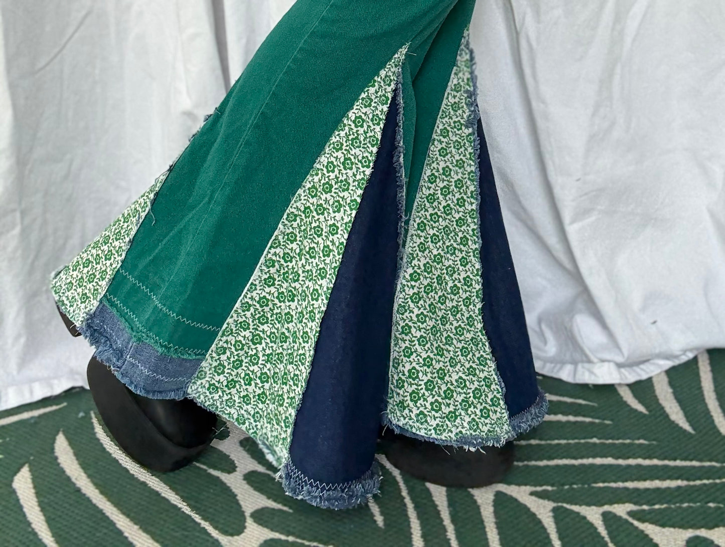 Green Bell Bottom Jeans (size 6) – Floral & Denim Patchwork Flare